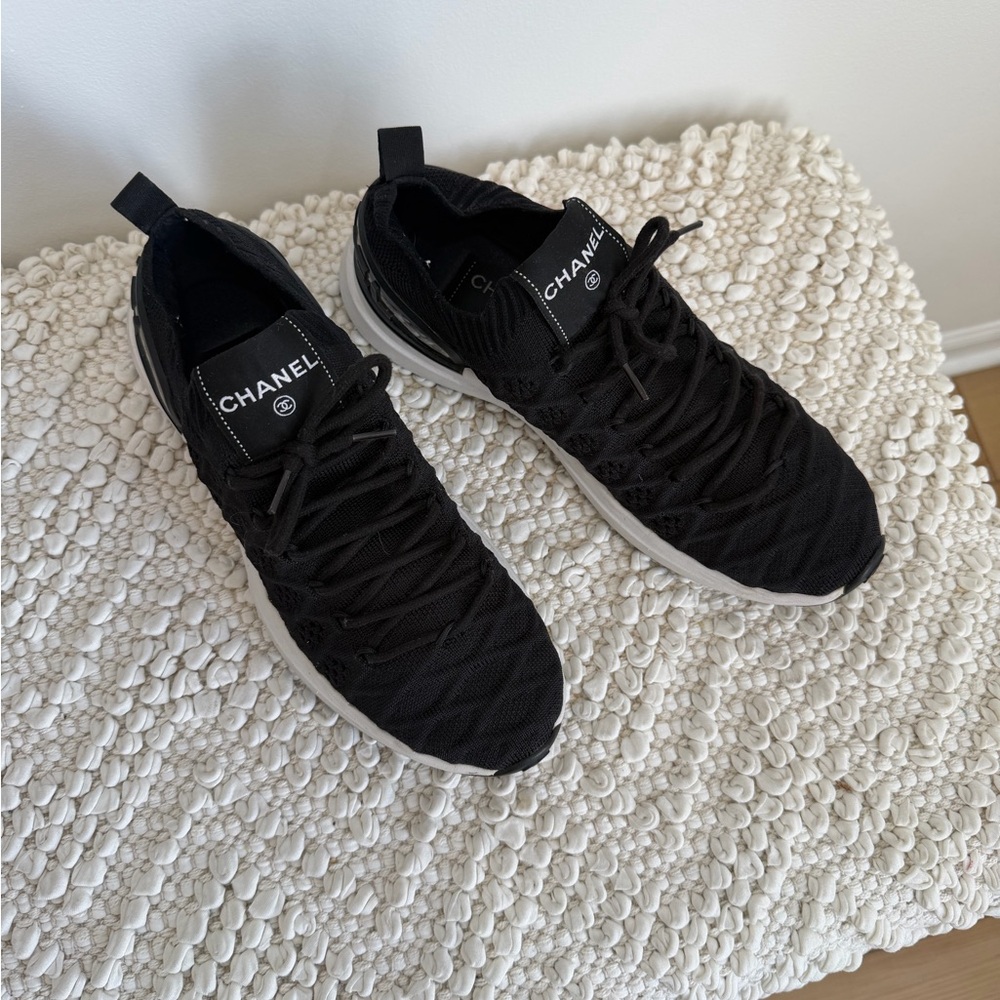 Authentic CHANEL Black ribbed knit lace up sneakers 38 1/2 - Picture 5 of 16